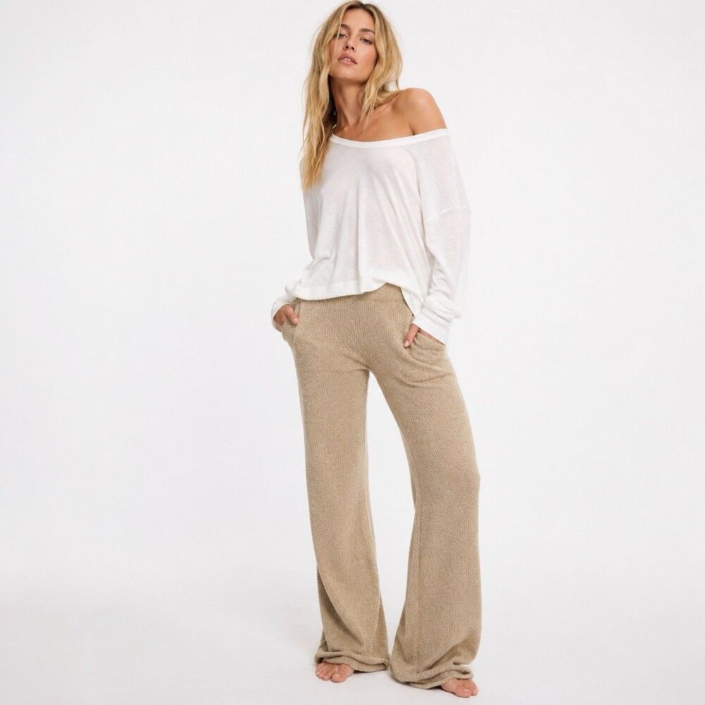 Free People Beach Pull On Pants Ribbed Knit Hem High Waist Oatmeal Pockets Sz S